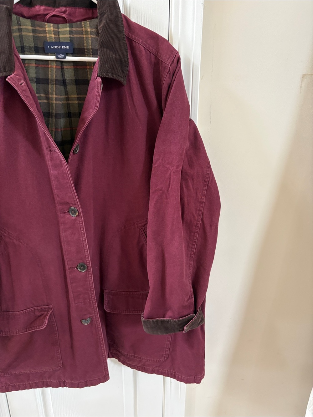 Lands' End Women's Burgundy Cotton Jacket with Corduroy Collar Vintage Farm Coat - Picture 4 of 7